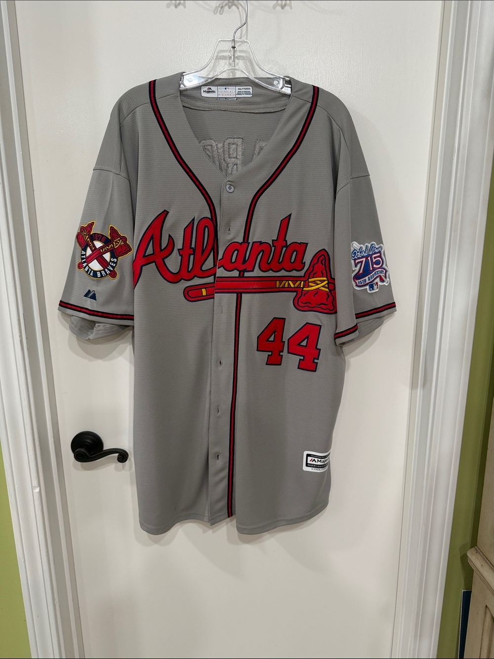 Majestic Atlanta Braves Hank Aaron, 715 25th anniversaryGray Baseball Jersey #44
